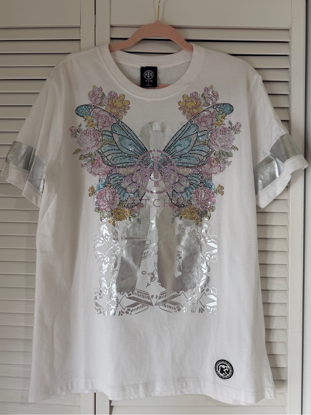 TCH White Butterfly Embellished Womens Tee